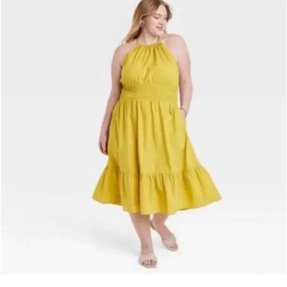 a new day Halter Midi Smocked Tiered Waist Dress in Mustard Yellow NWT L - Picture 4 of 9